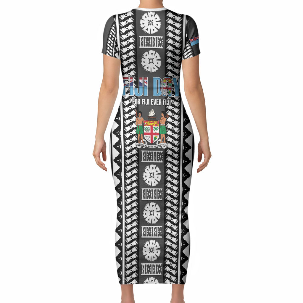 Fiji Day 1970 Short Sleeve Bodycon Dress For Fiji Ever Fiji Tapa Pattern White LT14 - Polynesian Pride