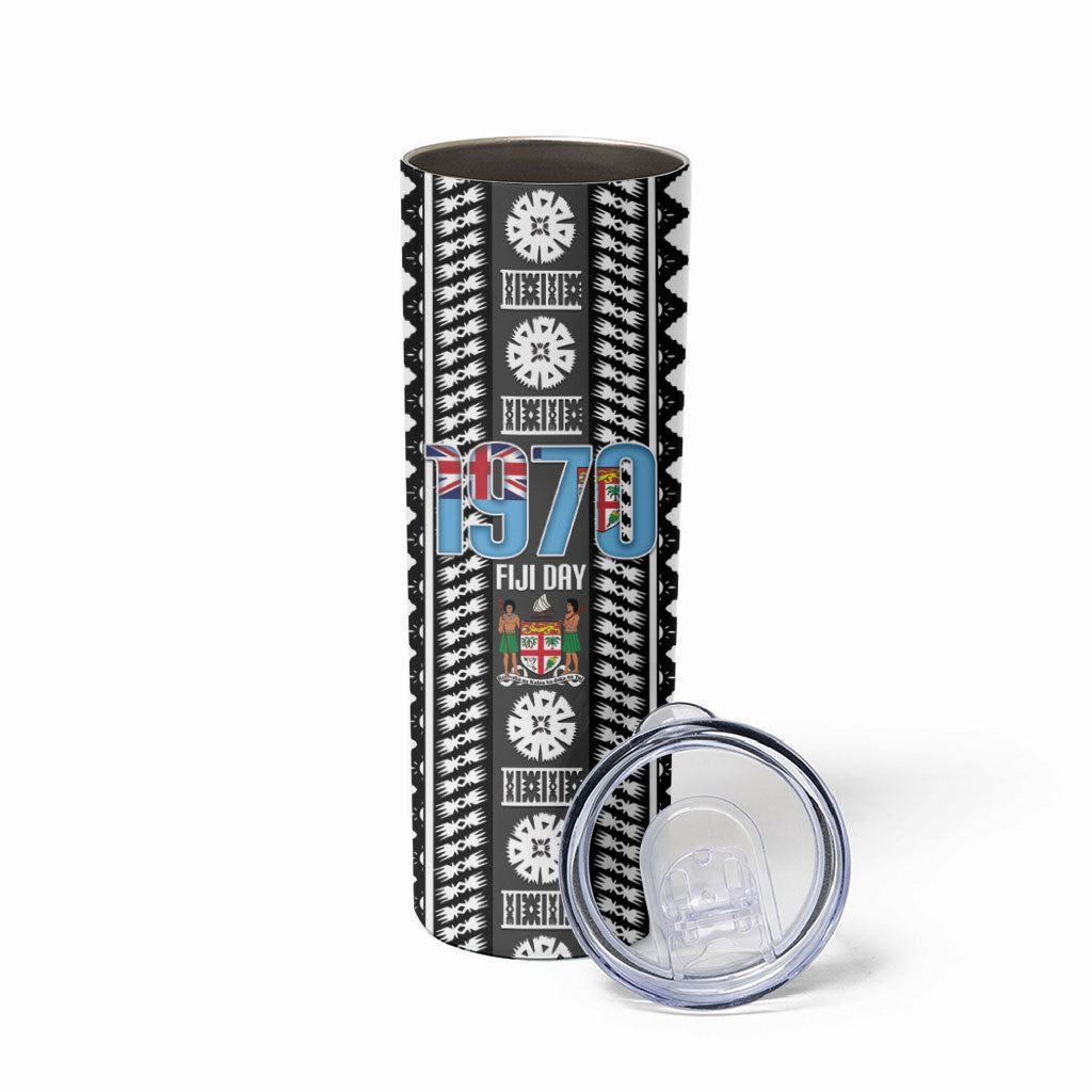 Fiji Day 1970 Skinny Tumbler For Fiji Ever Fiji Tapa Pattern White LT14 - Polynesian Pride