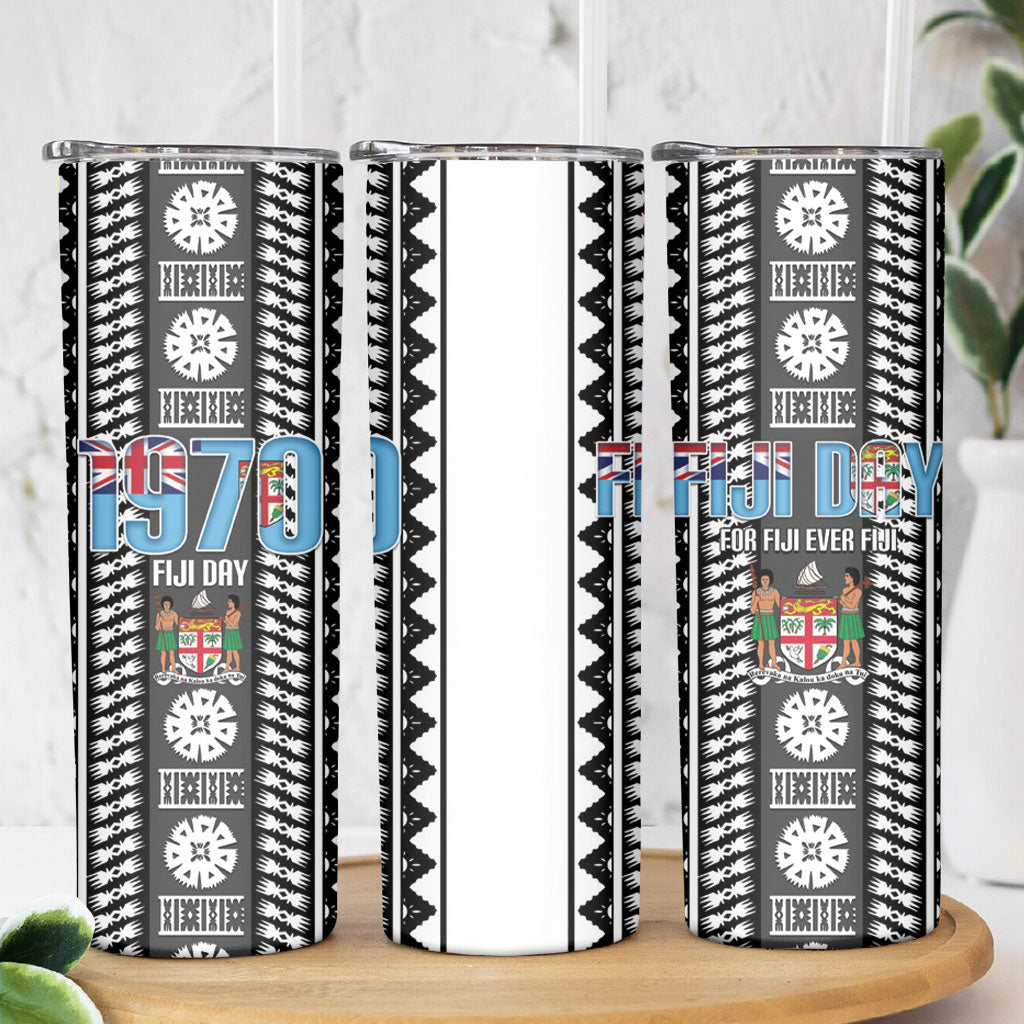Fiji Day 1970 Skinny Tumbler For Fiji Ever Fiji Tapa Pattern White LT14 - Polynesian Pride