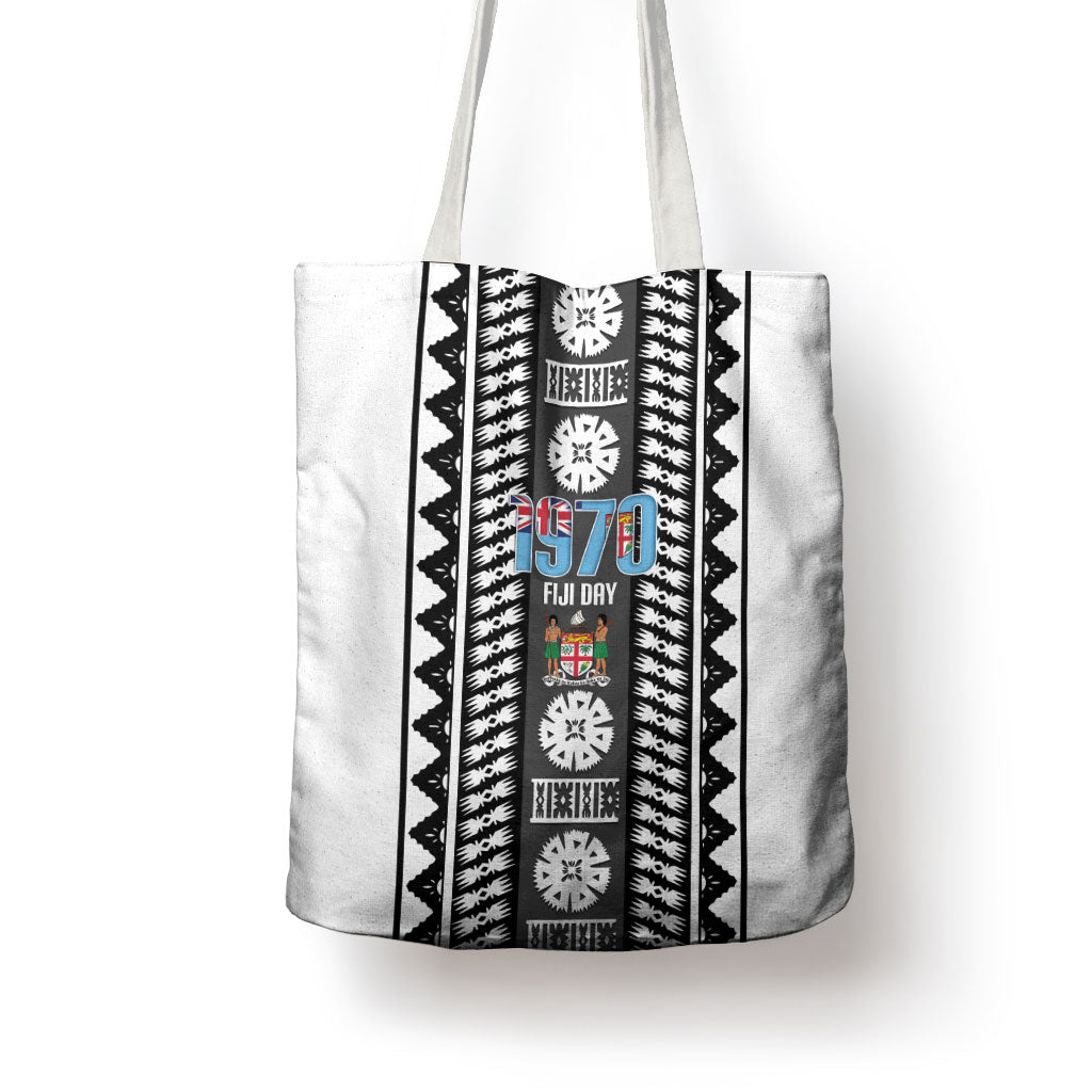 Fiji Day 1970 Tote Bag For Fiji Ever Fiji Tapa Pattern White LT14 - Polynesian Pride