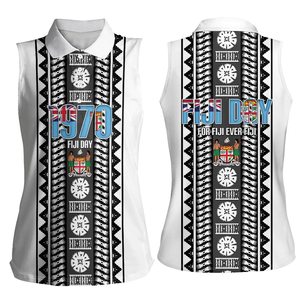 Fiji Day 1970 Women Sleeveless Polo Shirt For Fiji Ever Fiji Tapa Pattern White LT14 - Polynesian Pride