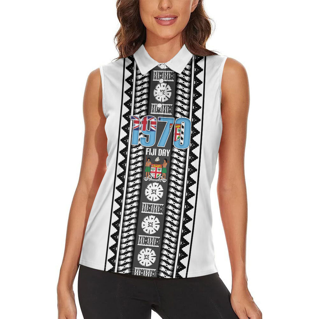 Fiji Day 1970 Women Sleeveless Polo Shirt For Fiji Ever Fiji Tapa Pattern White LT14 - Polynesian Pride