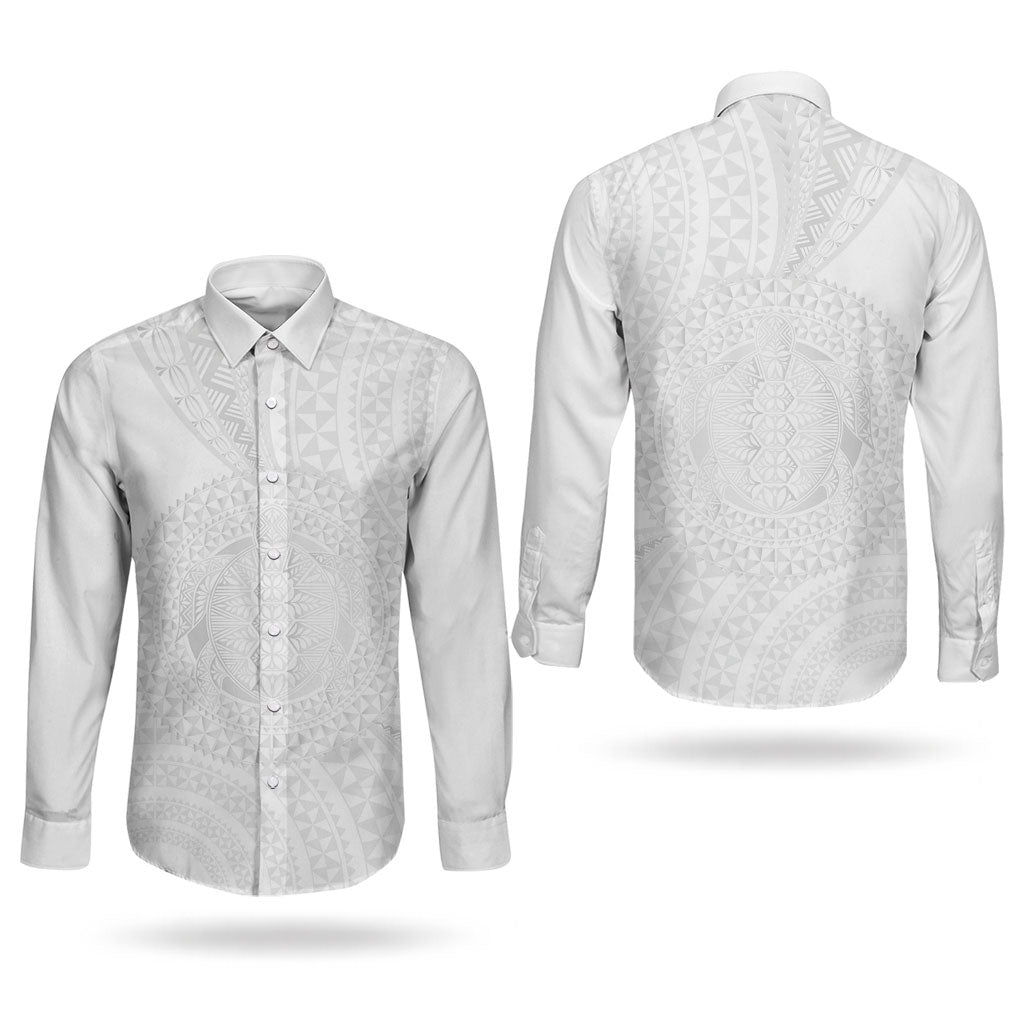 Tonga White Sunday Couples Matching Mermaid Dress and Long Sleeve Button Shirt Fakame Tongan Ngatu Turtle LT14 - Polynesian Pride