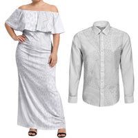 Tonga White Sunday Couples Matching Off Shoulder Maxi Dress and Long Sleeve Button Shirt Fakame Tongan Ngatu Turtle LT14 White - Polynesian Pride