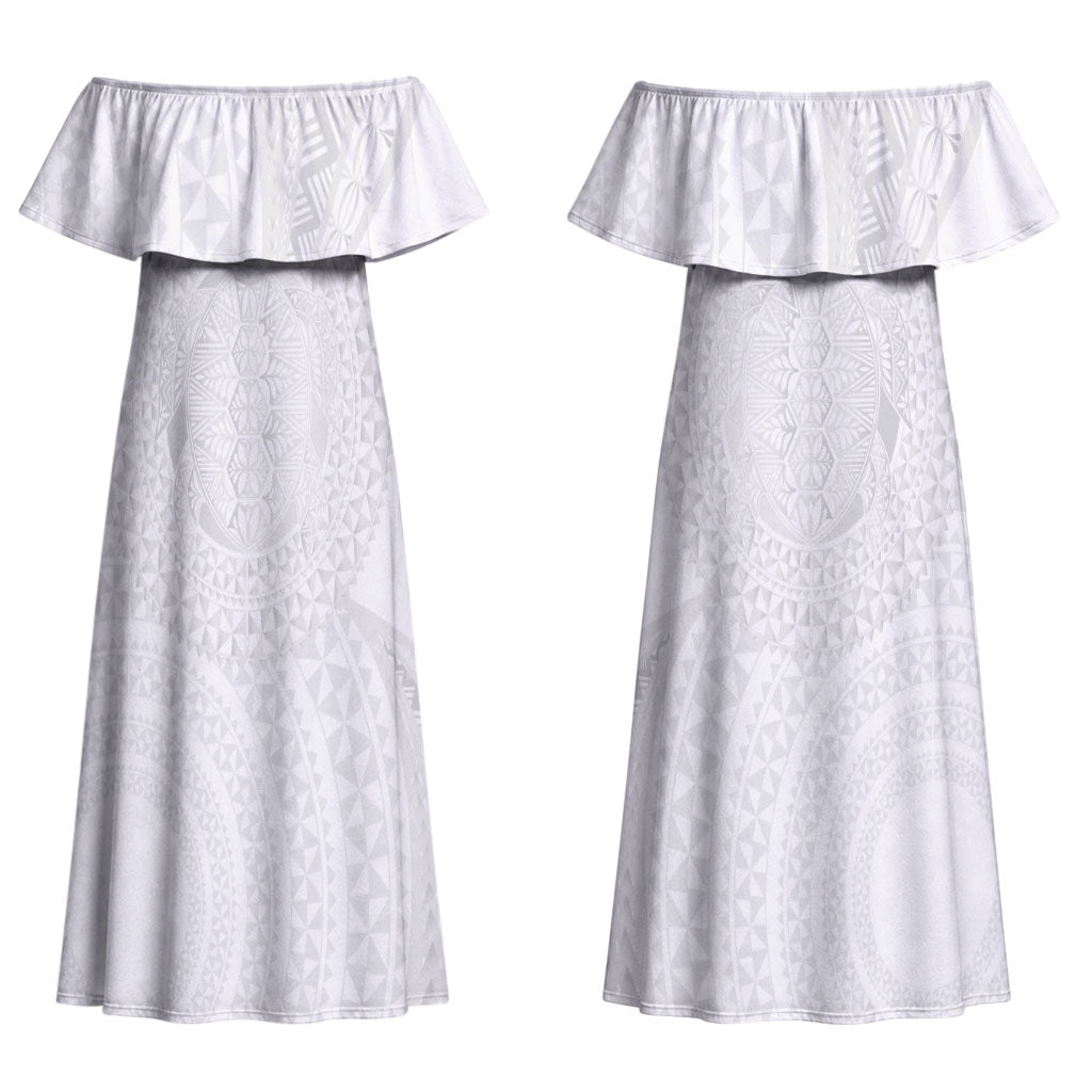 Tonga White Sunday Couples Matching Off Shoulder Maxi Dress and Long Sleeve Button Shirt Fakame Tongan Ngatu Turtle LT14 - Polynesian Pride