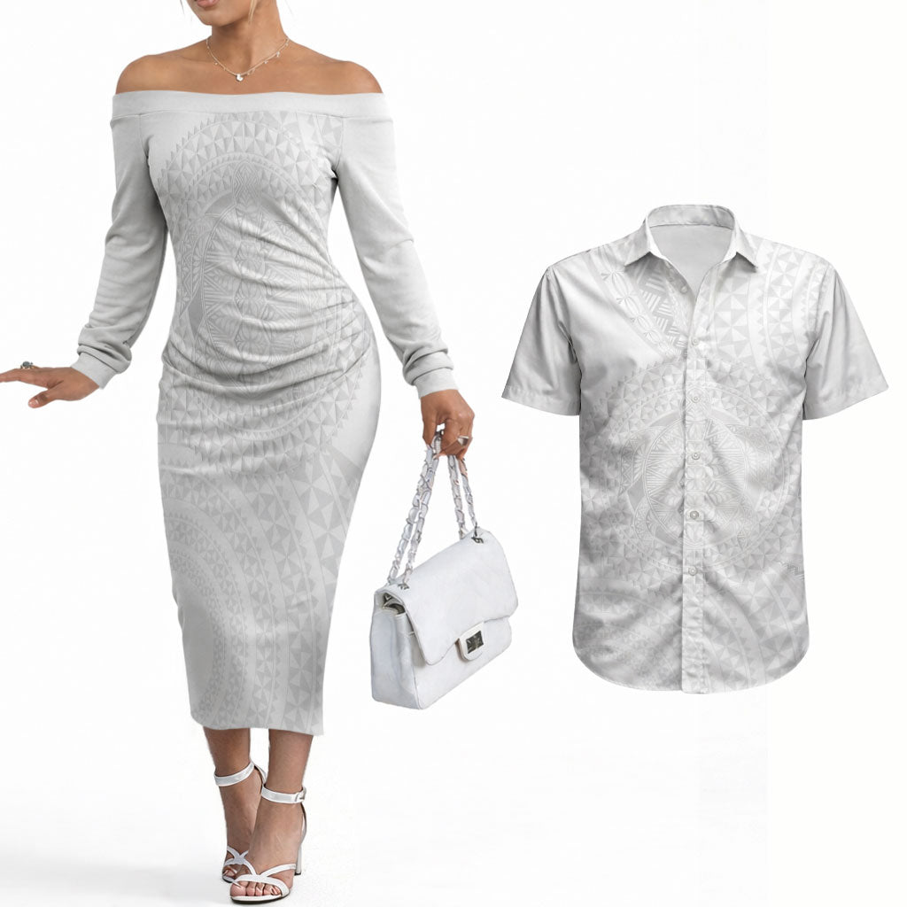 Tonga White Sunday Couples Matching Off The Shoulder Long Sleeve Dress and Hawaiian Shirt Fakame Tongan Ngatu Turtle LT14 White - Polynesian Pride