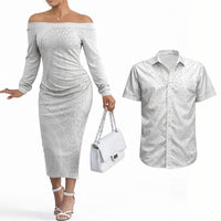 Tonga White Sunday Couples Matching Off The Shoulder Long Sleeve Dress and Hawaiian Shirt Fakame Tongan Ngatu Turtle LT14 White - Polynesian Pride