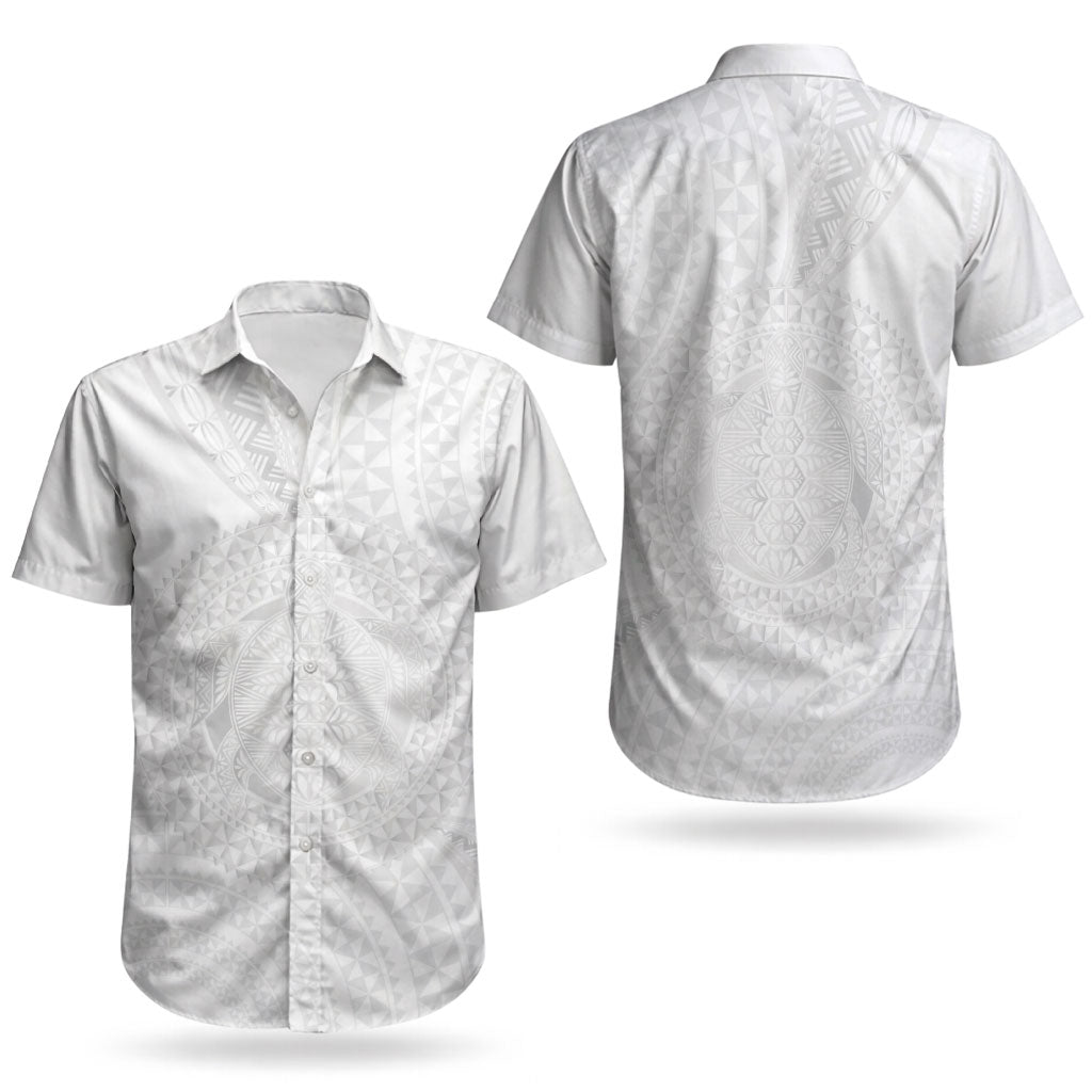 Tonga White Sunday Couples Matching Off The Shoulder Long Sleeve Dress and Hawaiian Shirt Fakame Tongan Ngatu Turtle LT14 - Polynesian Pride