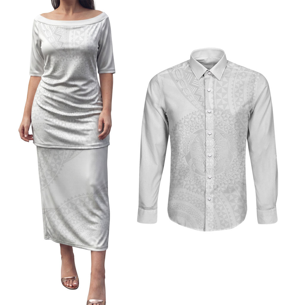 Tonga White Sunday Couples Matching Puletasi and Long Sleeve Button Shirt Fakame Tongan Ngatu Turtle LT14 White - Polynesian Pride