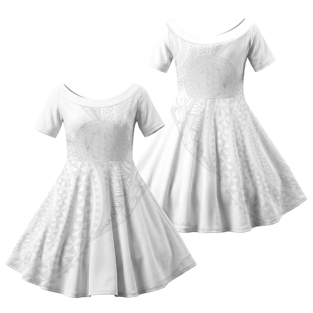 Tonga White Sunday Family Matching Tank Maxi Dress and Hawaiian Shirt Fakame Tongan Ngatu Turtle LT14 Daughter's Dress White - Polynesian Pride