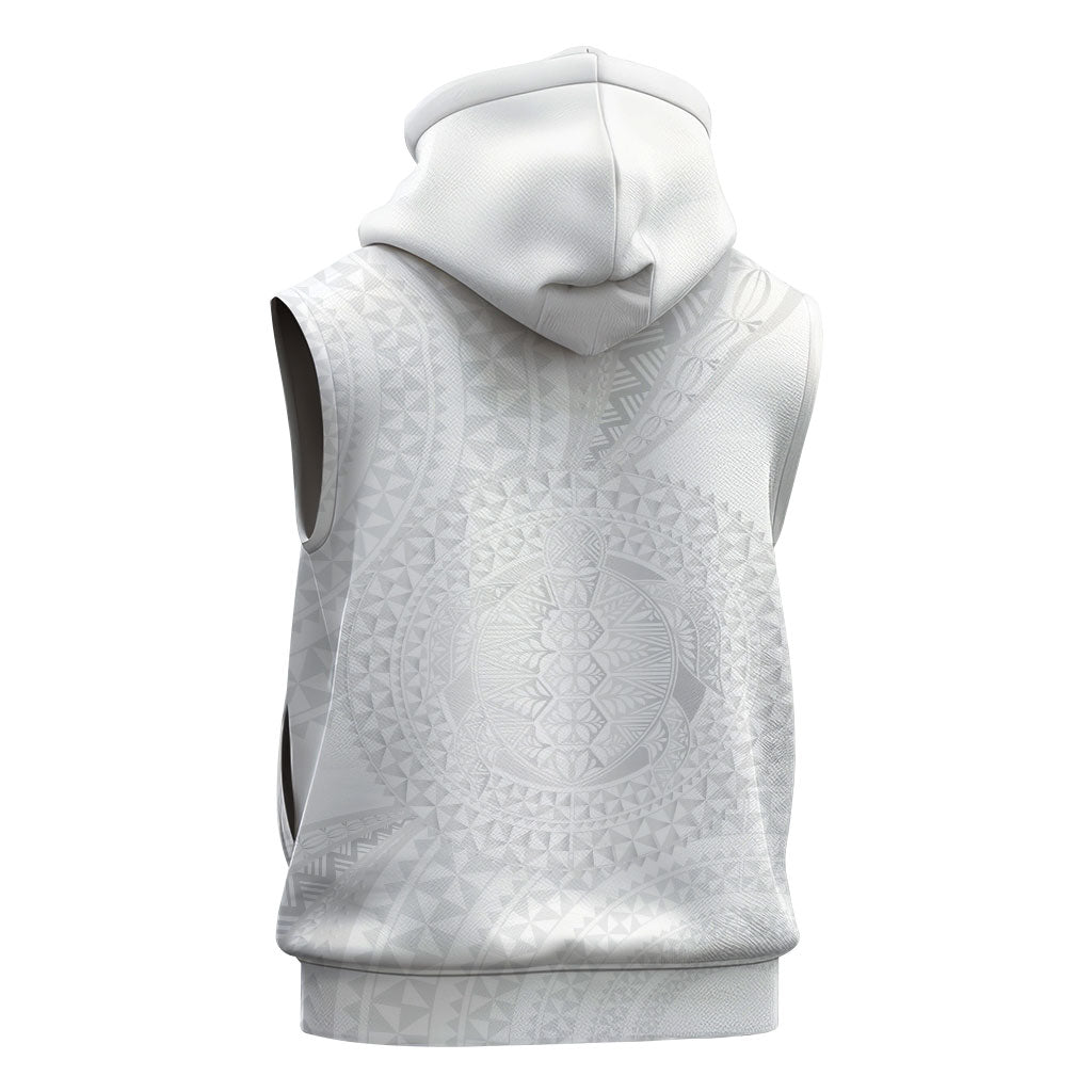Tonga White Sunday Sleeveless Zip Hoodie Fakame Tongan Ngatu Turtle LT14 - Polynesian Pride