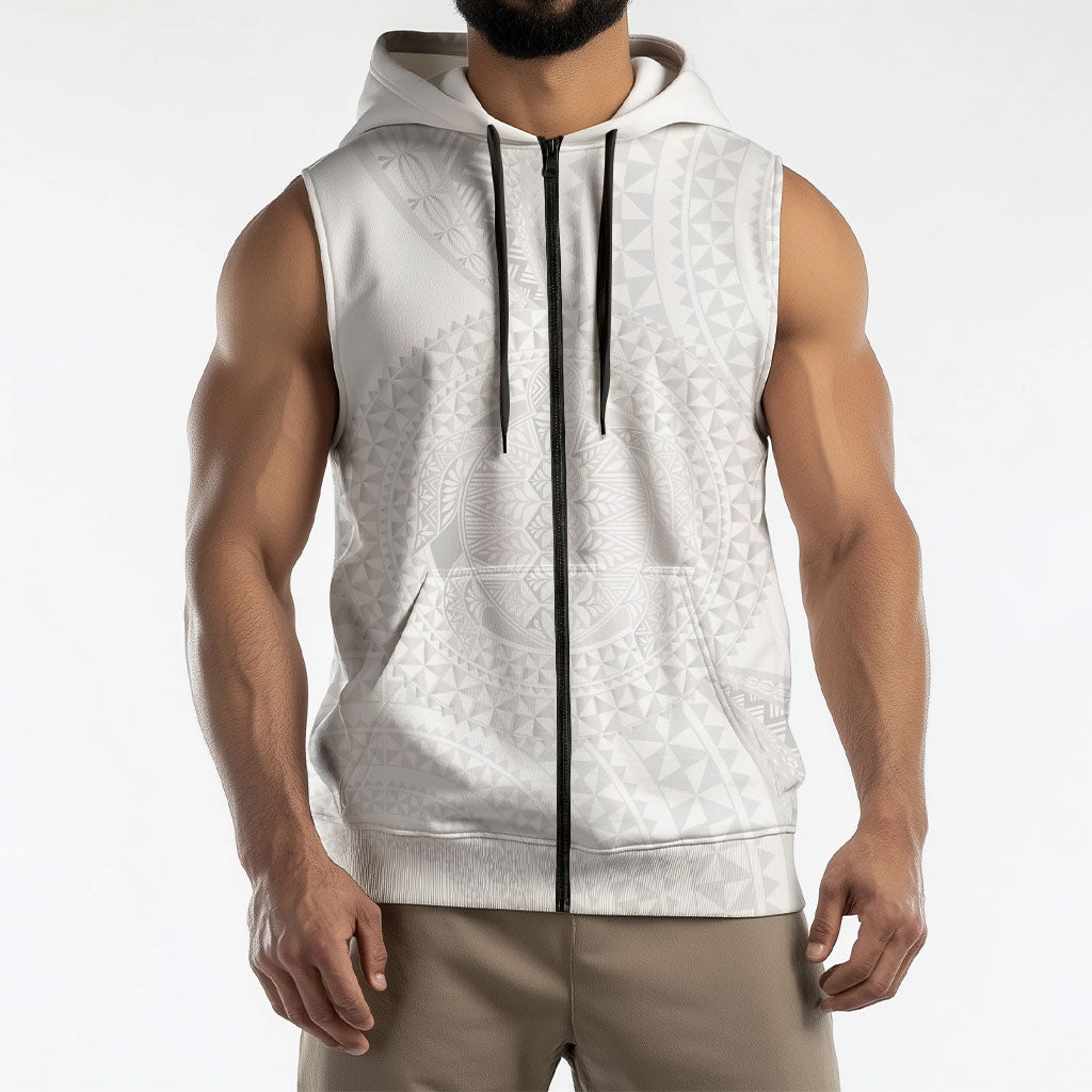 Tonga White Sunday Sleeveless Zip Hoodie Fakame Tongan Ngatu Turtle LT14 - Polynesian Pride