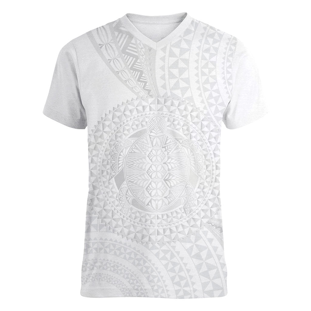 Tonga White Sunday Women V-Neck T-Shirt Fakame Tongan Ngatu Turtle LT14 Female White - Polynesian Pride