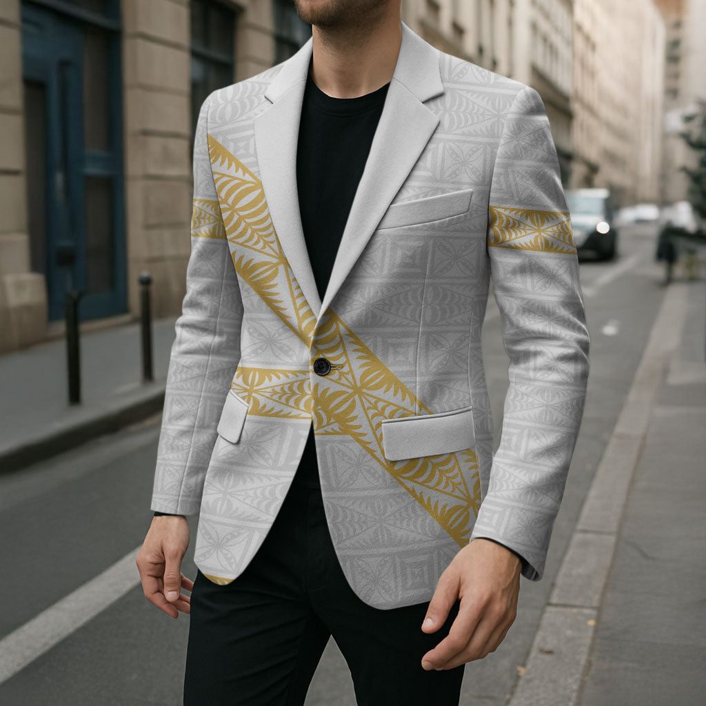 Tonga White Sunday Blazer Fakame Tongan Ngatu Pattern Gold Strips LT14 - Polynesian Pride