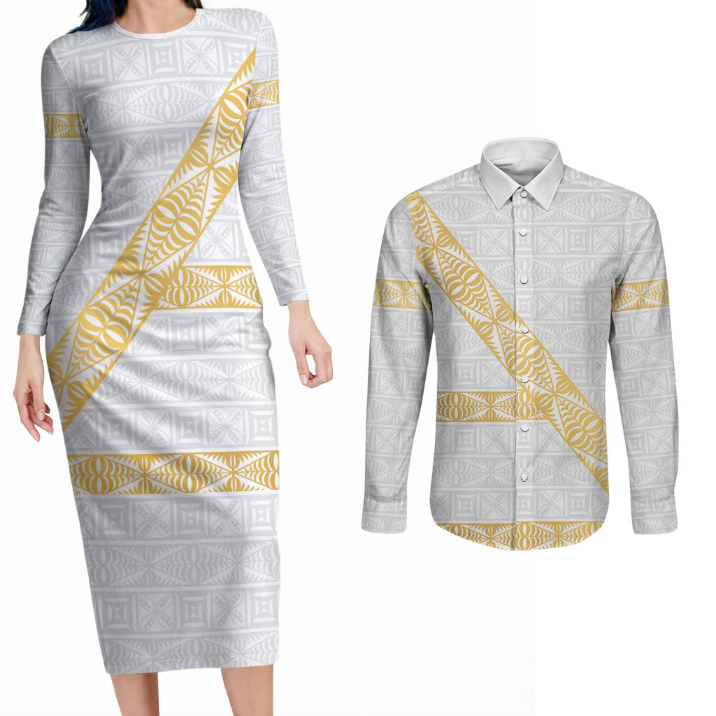 Tonga White Sunday Couples Matching Long Sleeve Bodycon Dress and Long Sleeve Button Shirt Fakame Tongan Ngatu Pattern Gold Strips LT14 White - Polynesian Pride