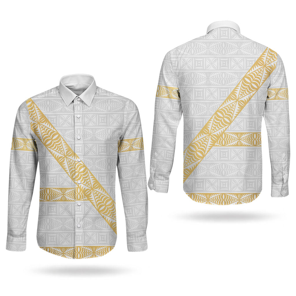 Tonga White Sunday Couples Matching Long Sleeve Bodycon Dress and Long Sleeve Button Shirt Fakame Tongan Ngatu Pattern Gold Strips LT14 - Polynesian Pride