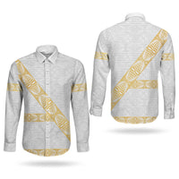 Tonga White Sunday Couples Matching Long Sleeve Bodycon Dress and Long Sleeve Button Shirt Fakame Tongan Ngatu Pattern Gold Strips LT14 - Polynesian Pride