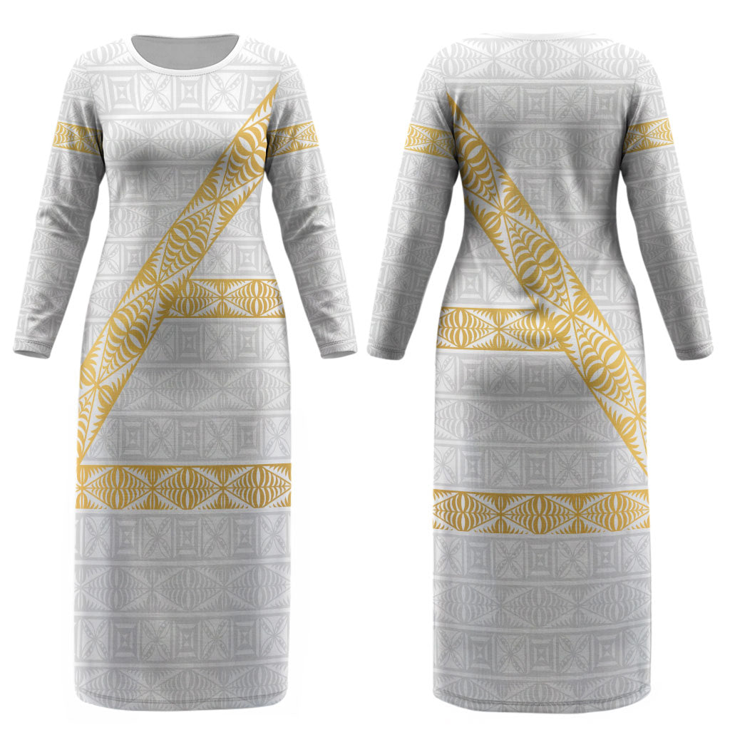 Tonga White Sunday Couples Matching Long Sleeve Bodycon Dress and Long Sleeve Button Shirt Fakame Tongan Ngatu Pattern Gold Strips LT14 - Polynesian Pride