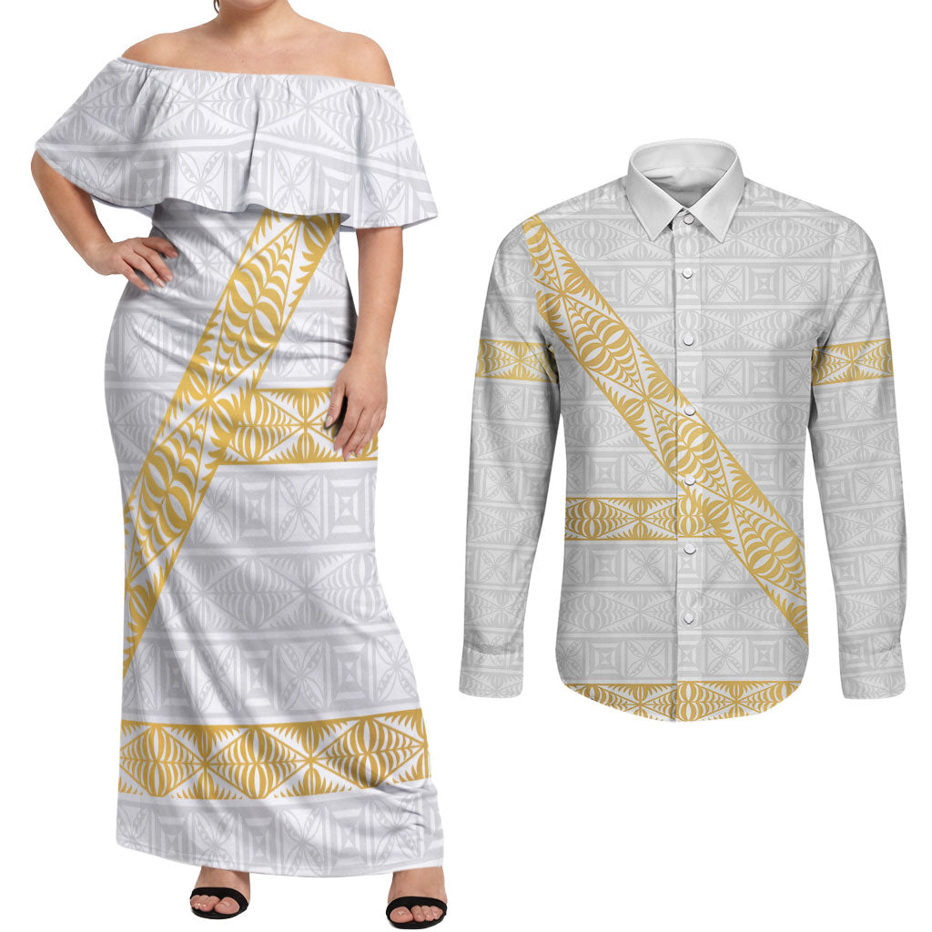Tonga White Sunday Couples Matching Off Shoulder Maxi Dress and Long Sleeve Button Shirt Fakame Tongan Ngatu Pattern Gold Strips LT14 White - Polynesian Pride