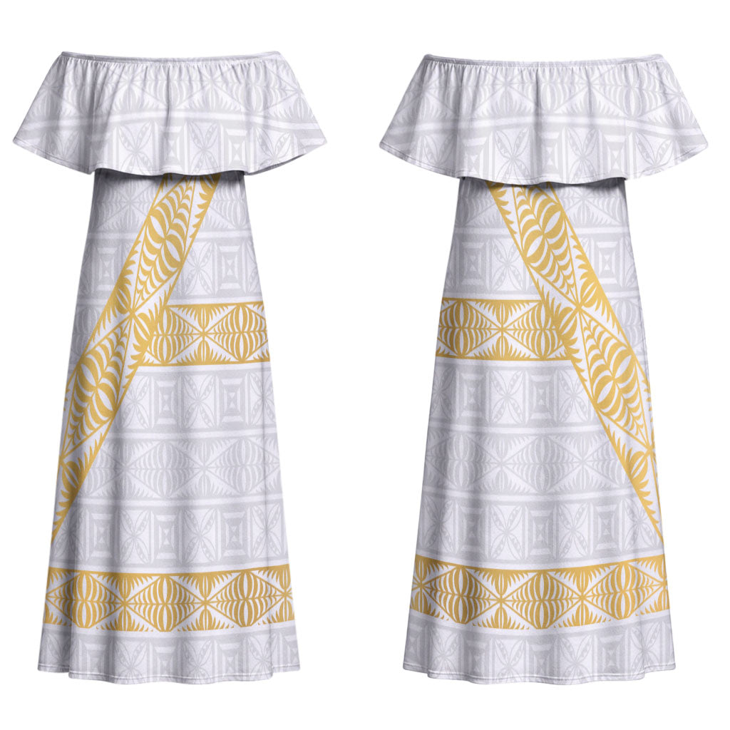 Tonga White Sunday Couples Matching Off Shoulder Maxi Dress and Long Sleeve Button Shirt Fakame Tongan Ngatu Pattern Gold Strips LT14 - Polynesian Pride