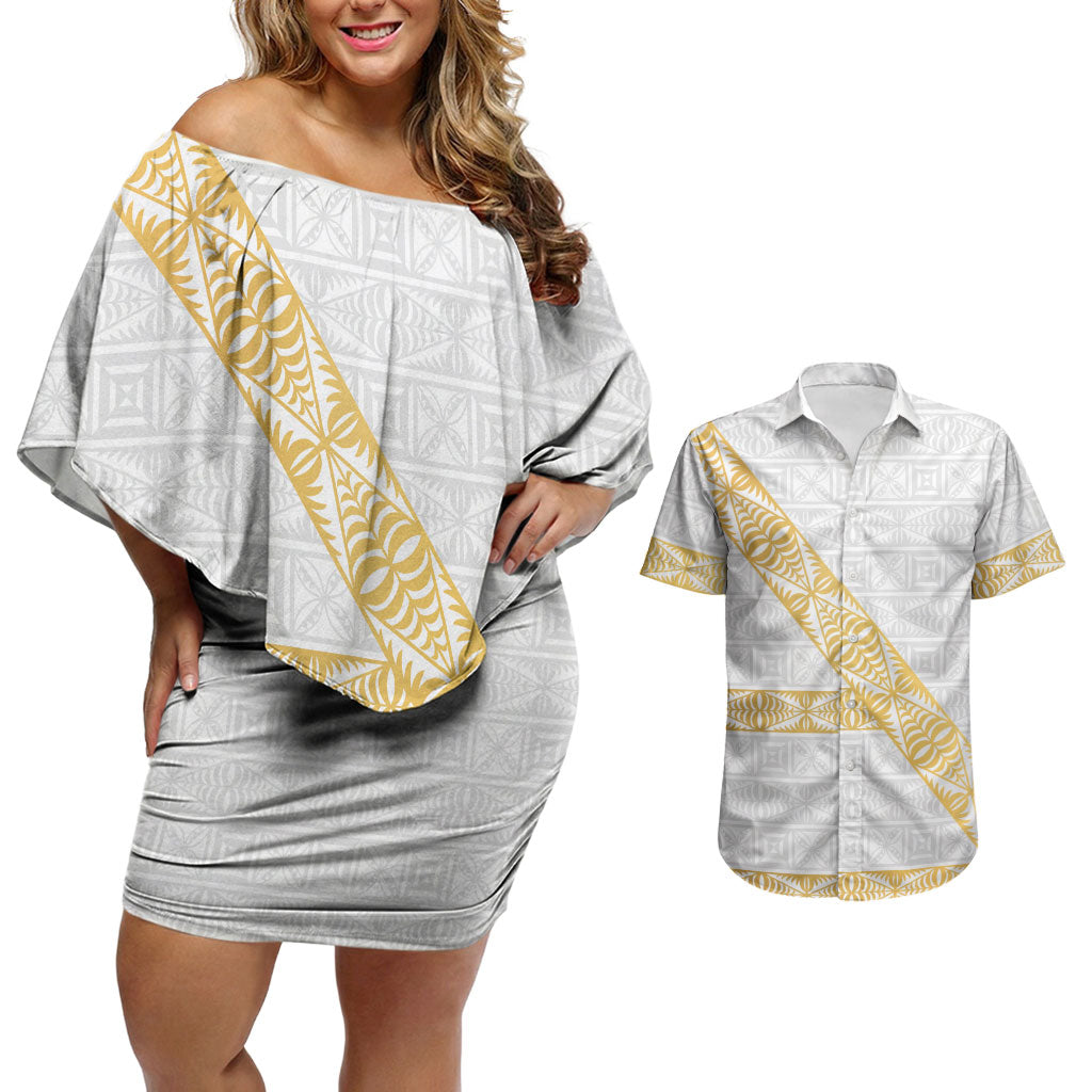 Tonga White Sunday Couples Matching Off Shoulder Short Dress and Hawaiian Shirt Fakame Tongan Ngatu Pattern Gold Strips LT14 White - Polynesian Pride
