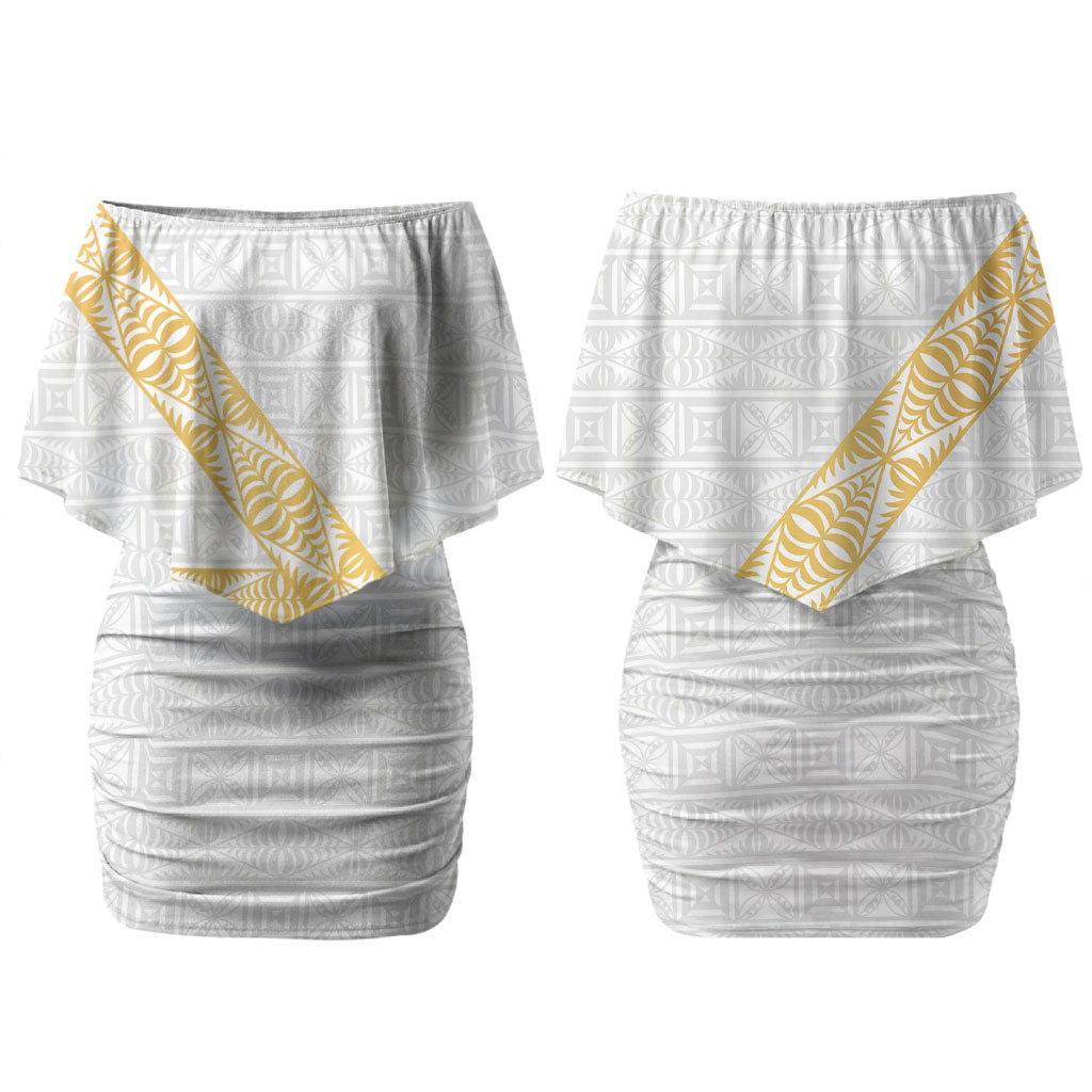 Tonga White Sunday Couples Matching Off Shoulder Short Dress and Hawaiian Shirt Fakame Tongan Ngatu Pattern Gold Strips LT14 - Polynesian Pride