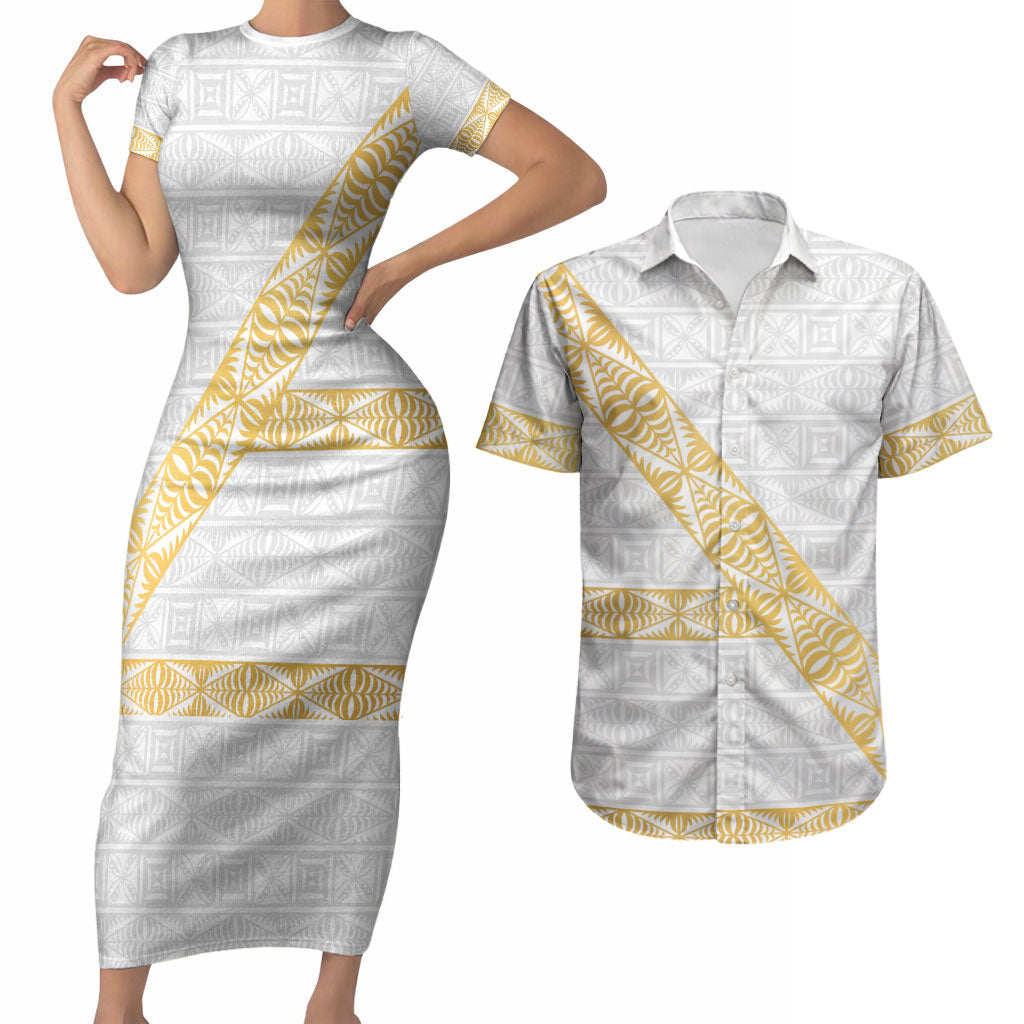 Tonga White Sunday Couples Matching Short Sleeve Bodycon Dress and Hawaiian Shirt Fakame Tongan Ngatu Pattern Gold Strips LT14 White - Polynesian Pride