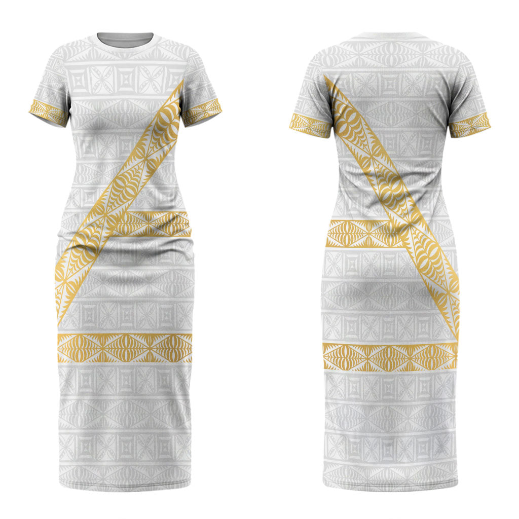 Tonga White Sunday Couples Matching Short Sleeve Bodycon Dress and Long Sleeve Button Shirt Fakame Tongan Ngatu Pattern Gold Strips LT14 - Polynesian Pride