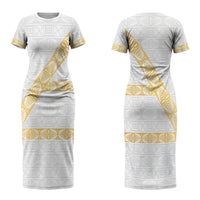 Tonga White Sunday Couples Matching Short Sleeve Bodycon Dress and Long Sleeve Button Shirt Fakame Tongan Ngatu Pattern Gold Strips LT14 - Polynesian Pride