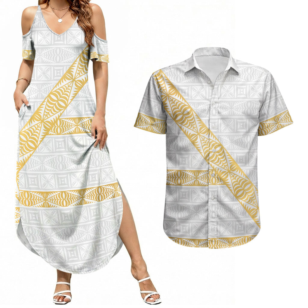 Tonga White Sunday Couples Matching Summer Maxi Dress and Hawaiian Shirt Fakame Tongan Ngatu Pattern Gold Strips LT14 White - Polynesian Pride