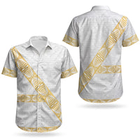 Tonga White Sunday Couples Matching Summer Maxi Dress and Hawaiian Shirt Fakame Tongan Ngatu Pattern Gold Strips LT14 - Polynesian Pride