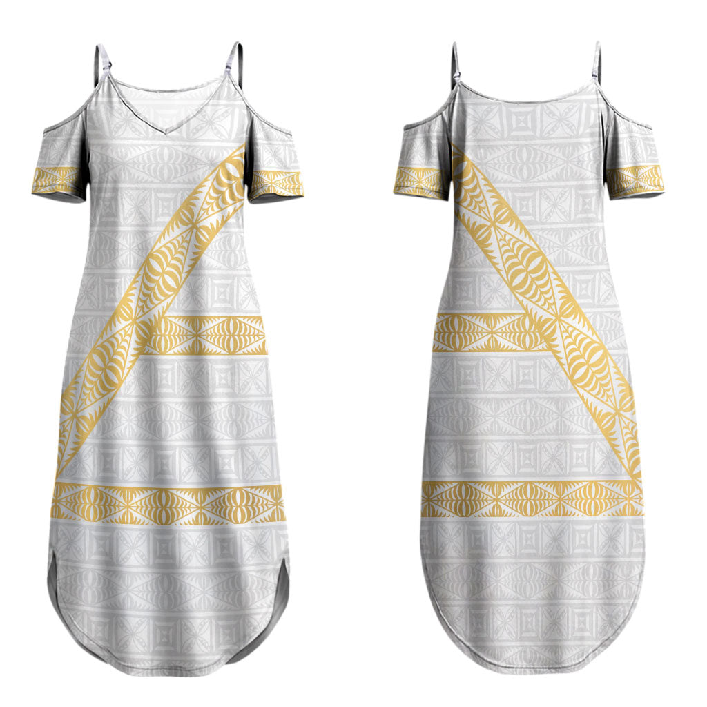 Tonga White Sunday Couples Matching Summer Maxi Dress and Hawaiian Shirt Fakame Tongan Ngatu Pattern Gold Strips LT14 - Polynesian Pride