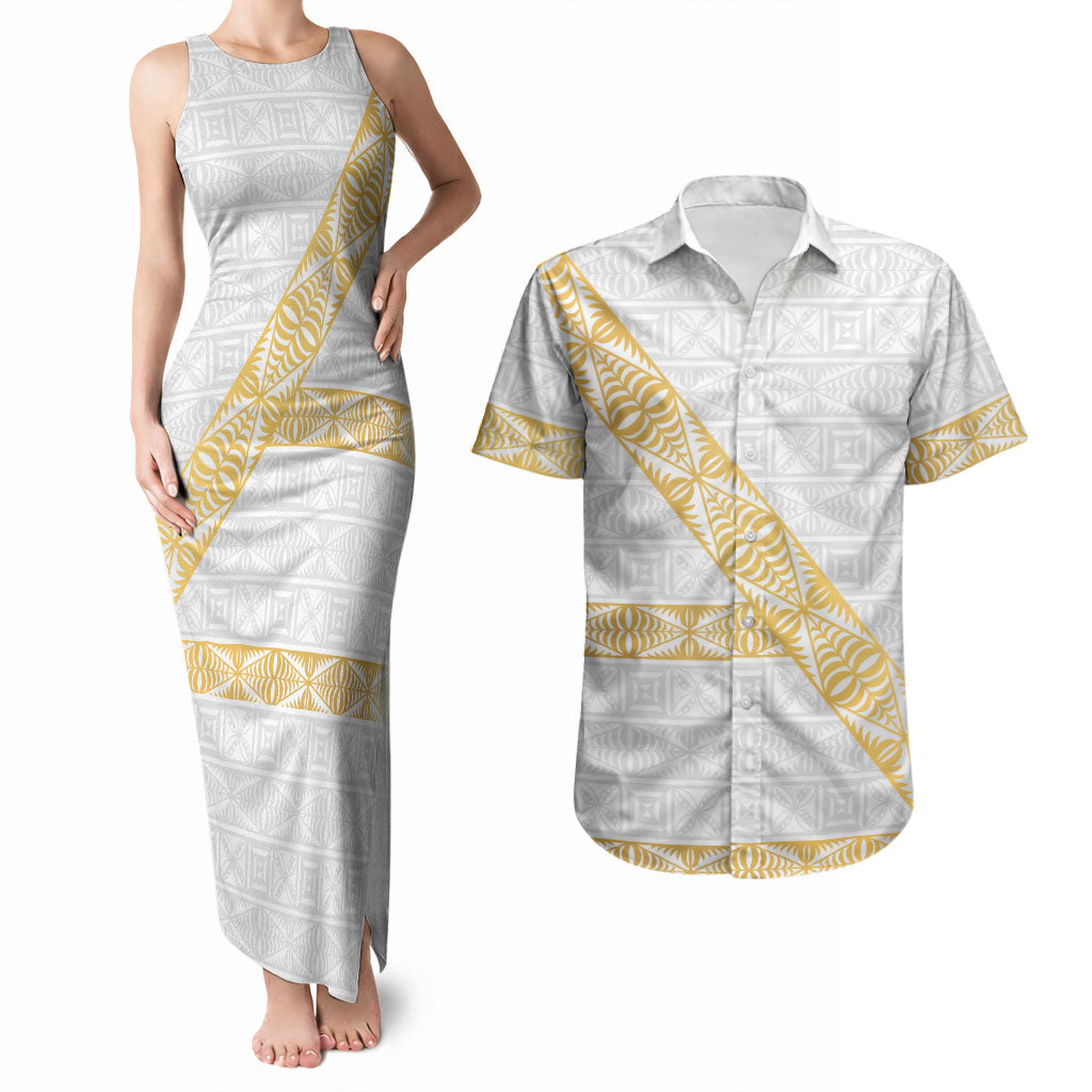 Tonga White Sunday Couples Matching Tank Maxi Dress and Hawaiian Shirt Fakame Tongan Ngatu Pattern Gold Strips LT14 White - Polynesian Pride
