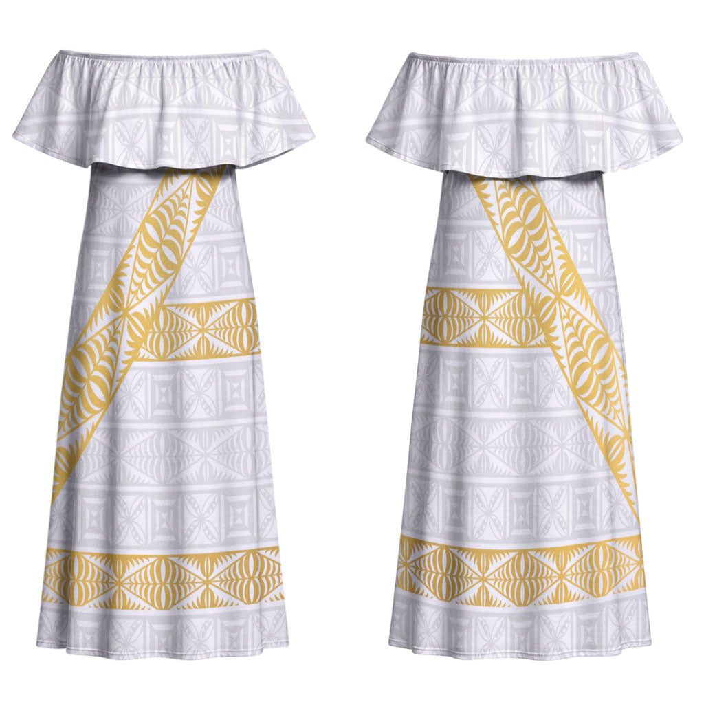 Tonga White Sunday Family Matching Off Shoulder Maxi Dress and Hawaiian Shirt Fakame Tongan Ngatu Pattern Gold Strips LT14 Mom's Dress White - Polynesian Pride