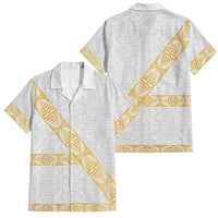 Tonga White Sunday Family Matching Off Shoulder Maxi Dress and Hawaiian Shirt Fakame Tongan Ngatu Pattern Gold Strips LT14 Dad's Shirt - Short Sleeve White - Polynesian Pride