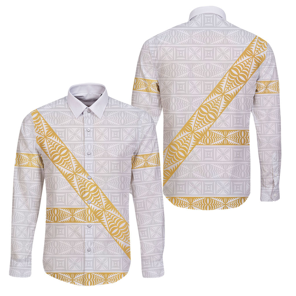 Tonga White Sunday Family Matching Off Shoulder Maxi Dress and Hawaiian Shirt Fakame Tongan Ngatu Pattern Gold Strips LT14 Dad's Shirt - Long Sleeve White - Polynesian Pride