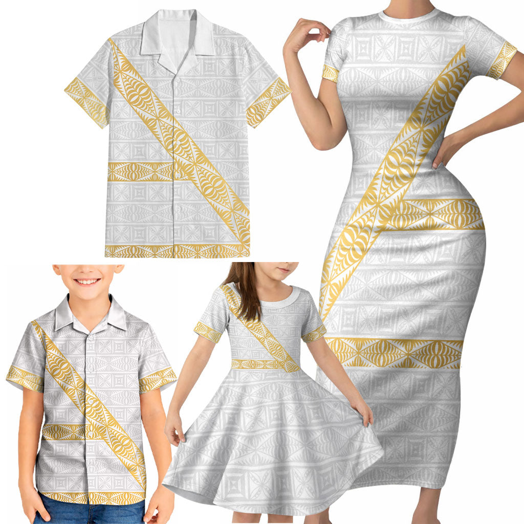 Tonga White Sunday Family Matching Short Sleeve Bodycon Dress and Hawaiian Shirt Fakame Tongan Ngatu Pattern Gold Strips LT14 - Polynesian Pride