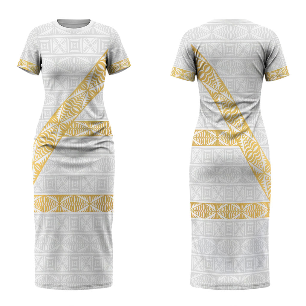 Tonga White Sunday Family Matching Short Sleeve Bodycon Dress and Hawaiian Shirt Fakame Tongan Ngatu Pattern Gold Strips LT14 Mom's Dress White - Polynesian Pride