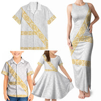 Tonga White Sunday Family Matching Tank Maxi Dress and Hawaiian Shirt Fakame Tongan Ngatu Pattern Gold Strips LT14 - Polynesian Pride
