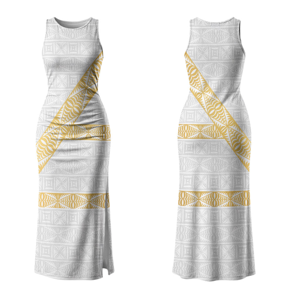 Tonga White Sunday Family Matching Tank Maxi Dress and Hawaiian Shirt Fakame Tongan Ngatu Pattern Gold Strips LT14 Mom's Dress White - Polynesian Pride
