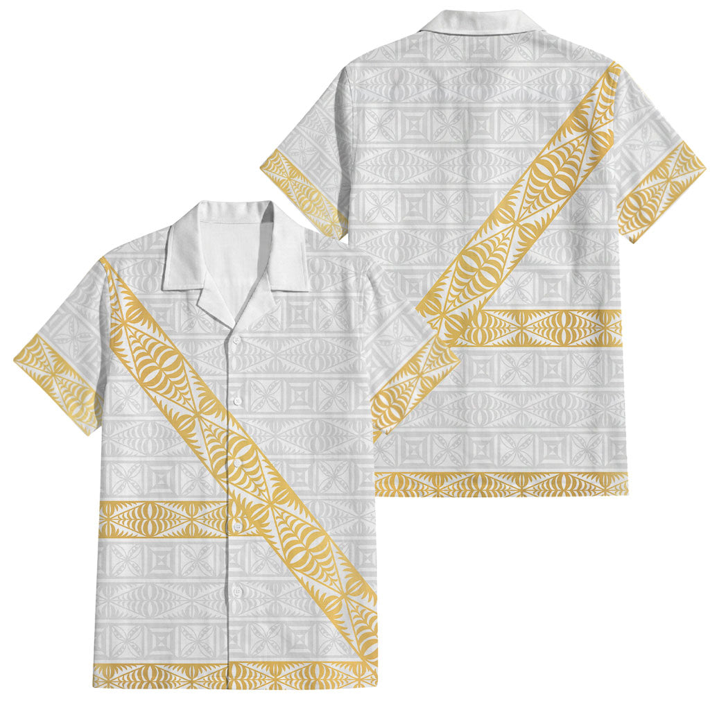Tonga White Sunday Family Matching Tank Maxi Dress and Hawaiian Shirt Fakame Tongan Ngatu Pattern Gold Strips LT14 Dad's Shirt - Short Sleeve White - Polynesian Pride