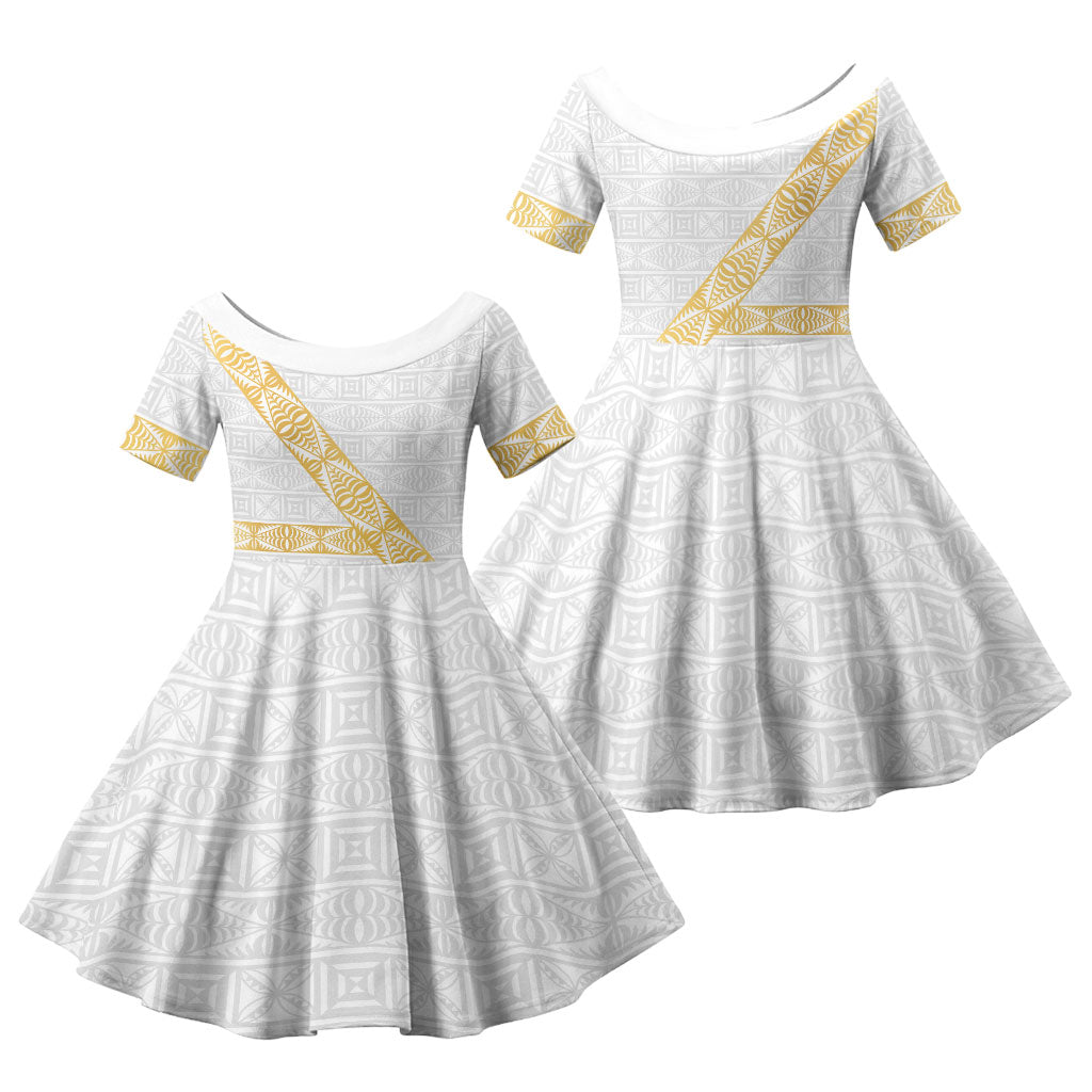 Tonga White Sunday Family Matching Tank Maxi Dress and Hawaiian Shirt Fakame Tongan Ngatu Pattern Gold Strips LT14 Daughter's Dress White - Polynesian Pride