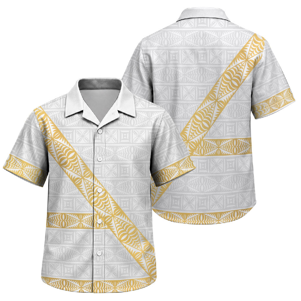 Tonga White Sunday Family Matching Tank Maxi Dress and Hawaiian Shirt Fakame Tongan Ngatu Pattern Gold Strips LT14 Son's Shirt White - Polynesian Pride