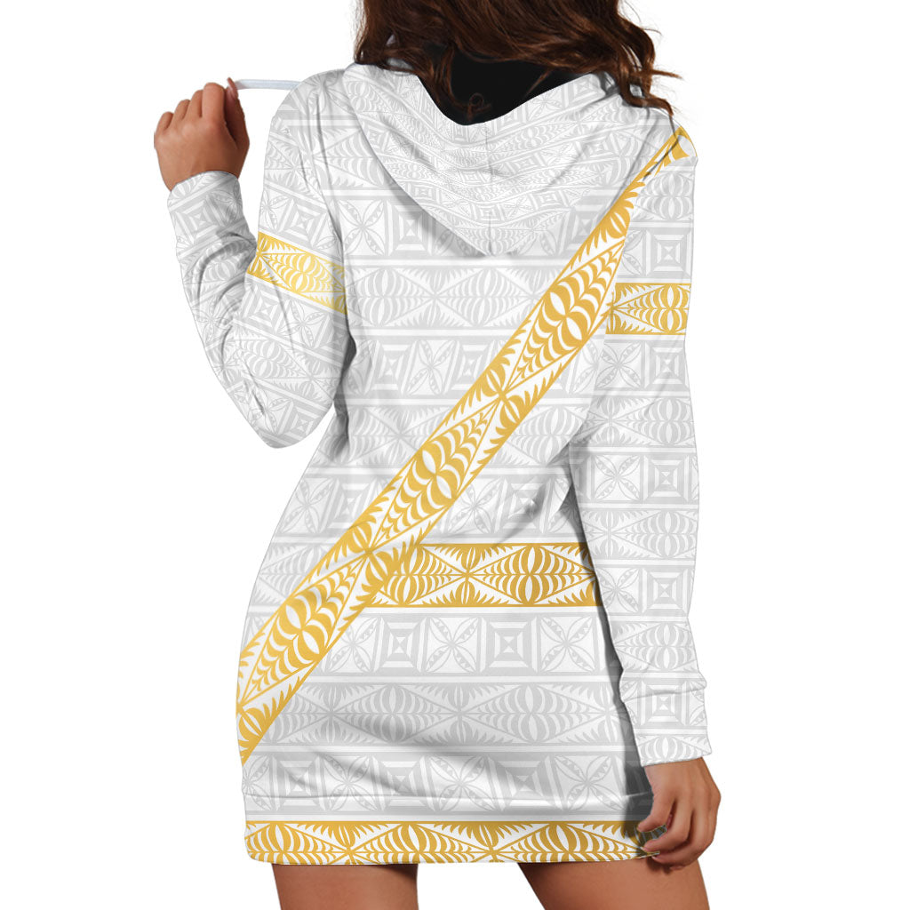 Tonga White Sunday Hoodie Dress Fakame Tongan Ngatu Pattern Gold Strips LT14 - Polynesian Pride