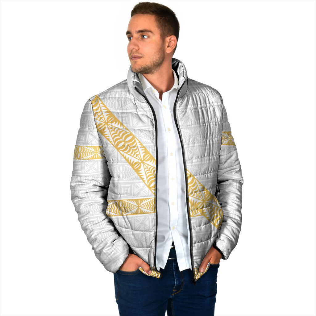 Tonga White Sunday Padded Jacket Fakame Tongan Ngatu Pattern Gold Strips LT14 - Polynesian Pride
