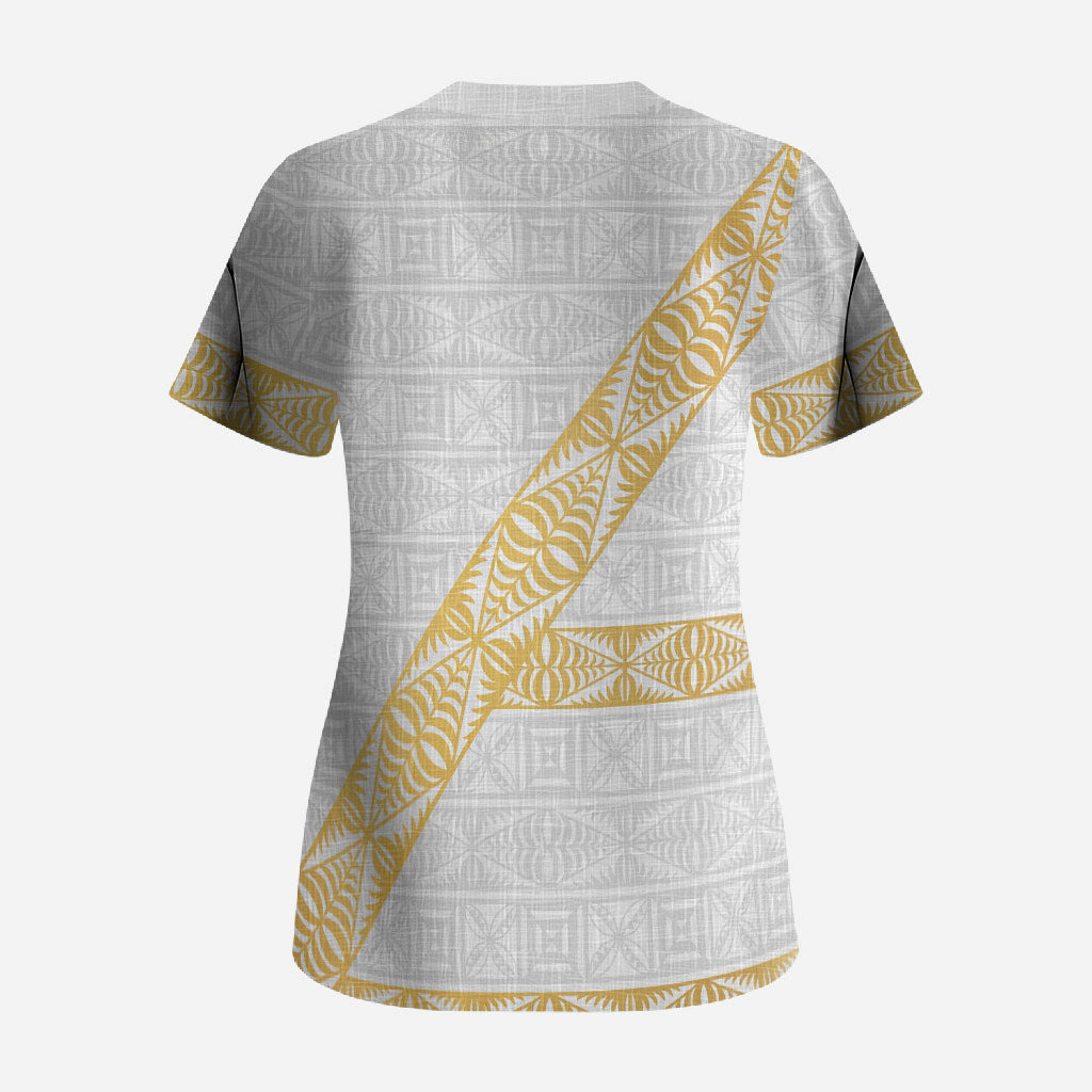 Tonga White Sunday Scrub Top Fakame Tongan Ngatu Pattern Gold Strips LT14 - Polynesian Pride