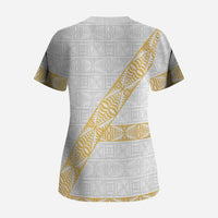 Tonga White Sunday Scrub Top Fakame Tongan Ngatu Pattern Gold Strips LT14 - Polynesian Pride