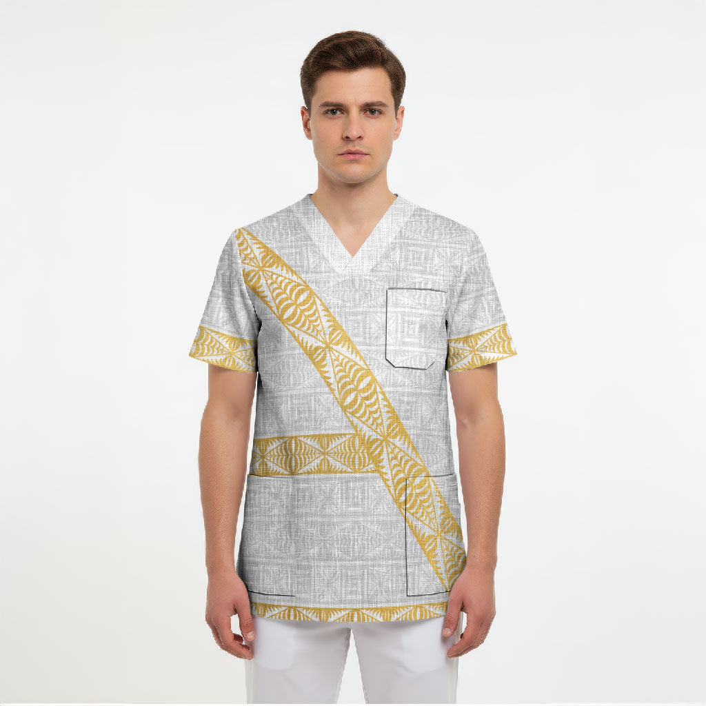Tonga White Sunday Scrub Top Fakame Tongan Ngatu Pattern Gold Strips LT14 - Polynesian Pride