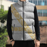 Tonga White Sunday Sleeveless Puffer Jacket Fakame Tongan Ngatu Pattern Gold Strips LT14 - Polynesian Pride