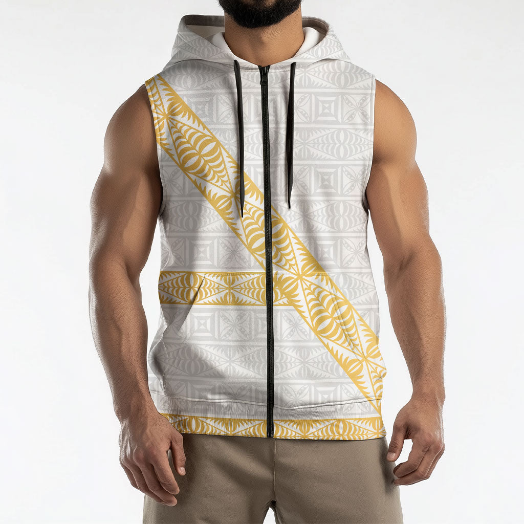 Tonga White Sunday Sleeveless Zip Hoodie Fakame Tongan Ngatu Pattern Gold Strips LT14 - Polynesian Pride